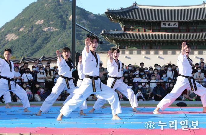 국기원태권도시범단 시범단의 멋진 시범 장면.