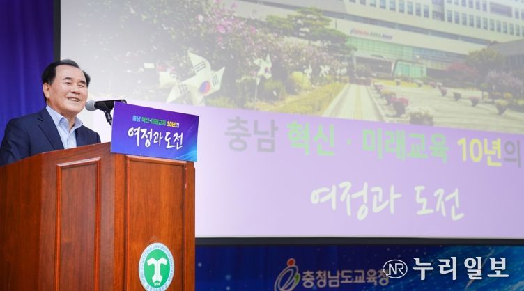 ‘충남 혁신·미래교육 10년의 여정과 도전 배움나눔 한마당’에서 인사말을 전하는 김지철 교육감
