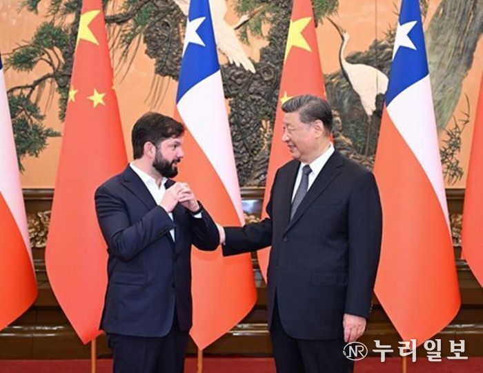 시 주석이 5월 14일 중국 베이징 인민대회당에서 가브리엘 보리치 칠레 대통령과 회견하고 있다. (사진/신화통신)