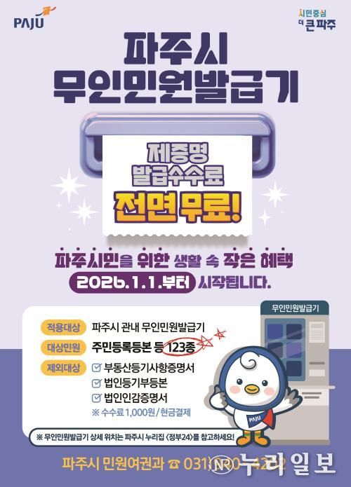 파주시민을 위한 생활 속 작은 혜택 무인민원발급기 제증명 수수료 '전면 무료화' 시행
