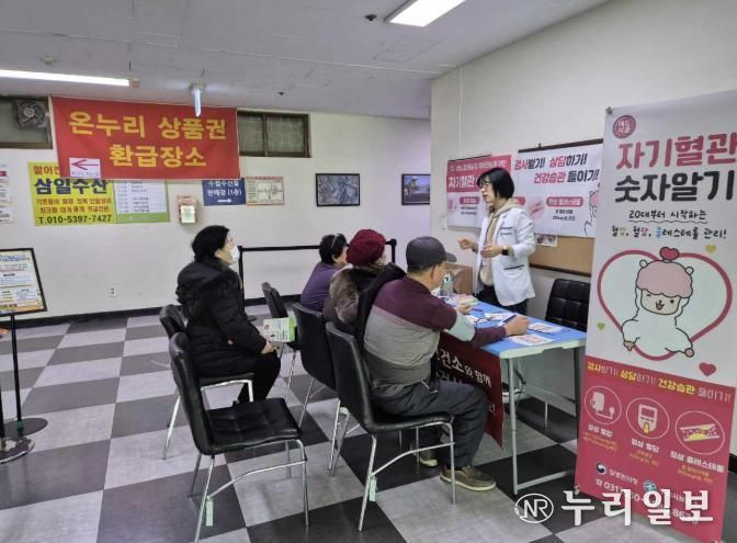 13일 구리농수산물도매시장 온누리상품권 환급행사 참여자에게 혈압·혈당 검사와 상담을 시행하고 있다.