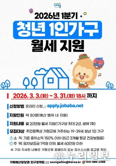 가평군, ‘1분기 청년 1인 가구 월세 지원사업’ 시행